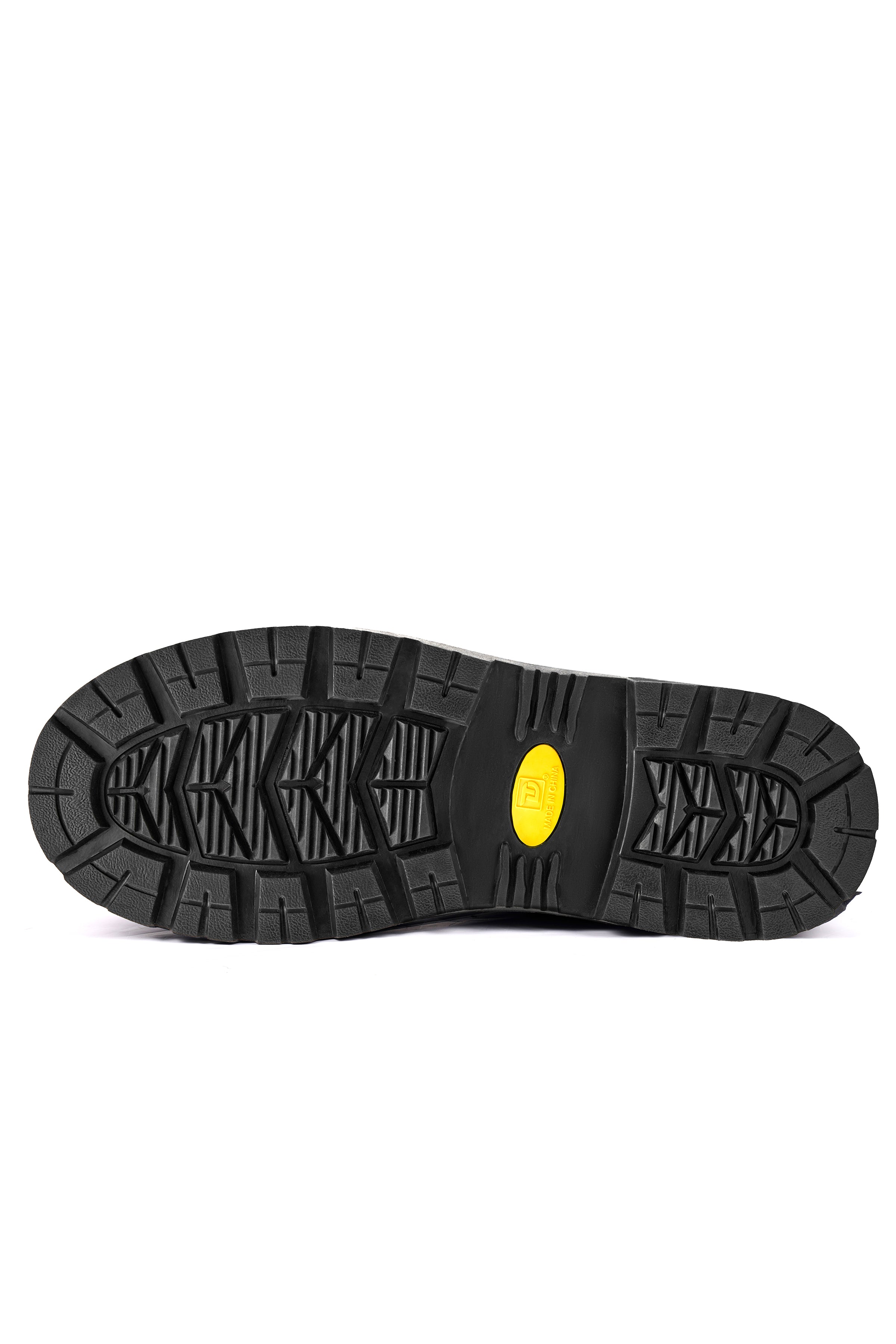 Close-up of Trudave IronShield Series tall waterproof steel toe work boots – black slip-resistant outsole tread pattern designed for traction and durability on wet job sites